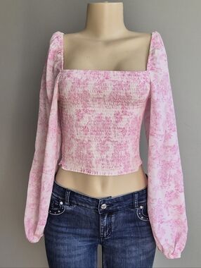 BCBGeneration Pink Square Neck Puff Sleeve Rouched Top Small